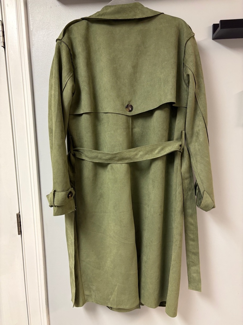 Faux Suede Sage Green Trench Coat Belted Lightweight Sz M - Picture 7 of 7